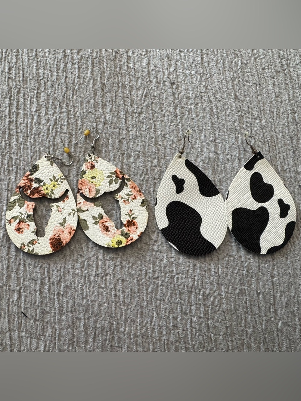 Floral and Black-White Cow Print Teardrop Leatherette Earrings